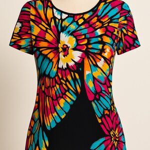 Investments Petites Abstract Floral Multicolor Short Sleeve Top – Size Large EUC
